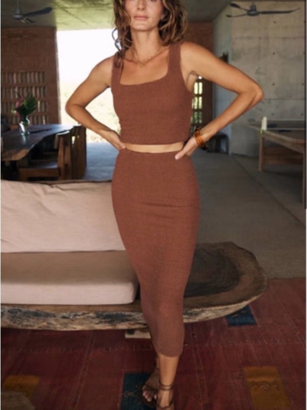 NWT - Z Supply Aveen Ribbed High-Waist Midi Skirt in Bronzer